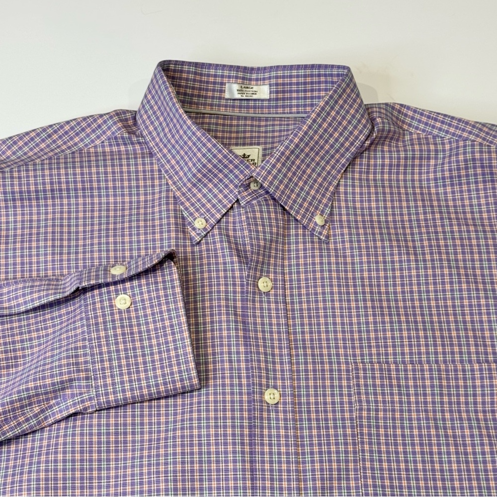 Peter Millar Nonolux Men's Large Purple Green Orange Plaid Long Sleeve